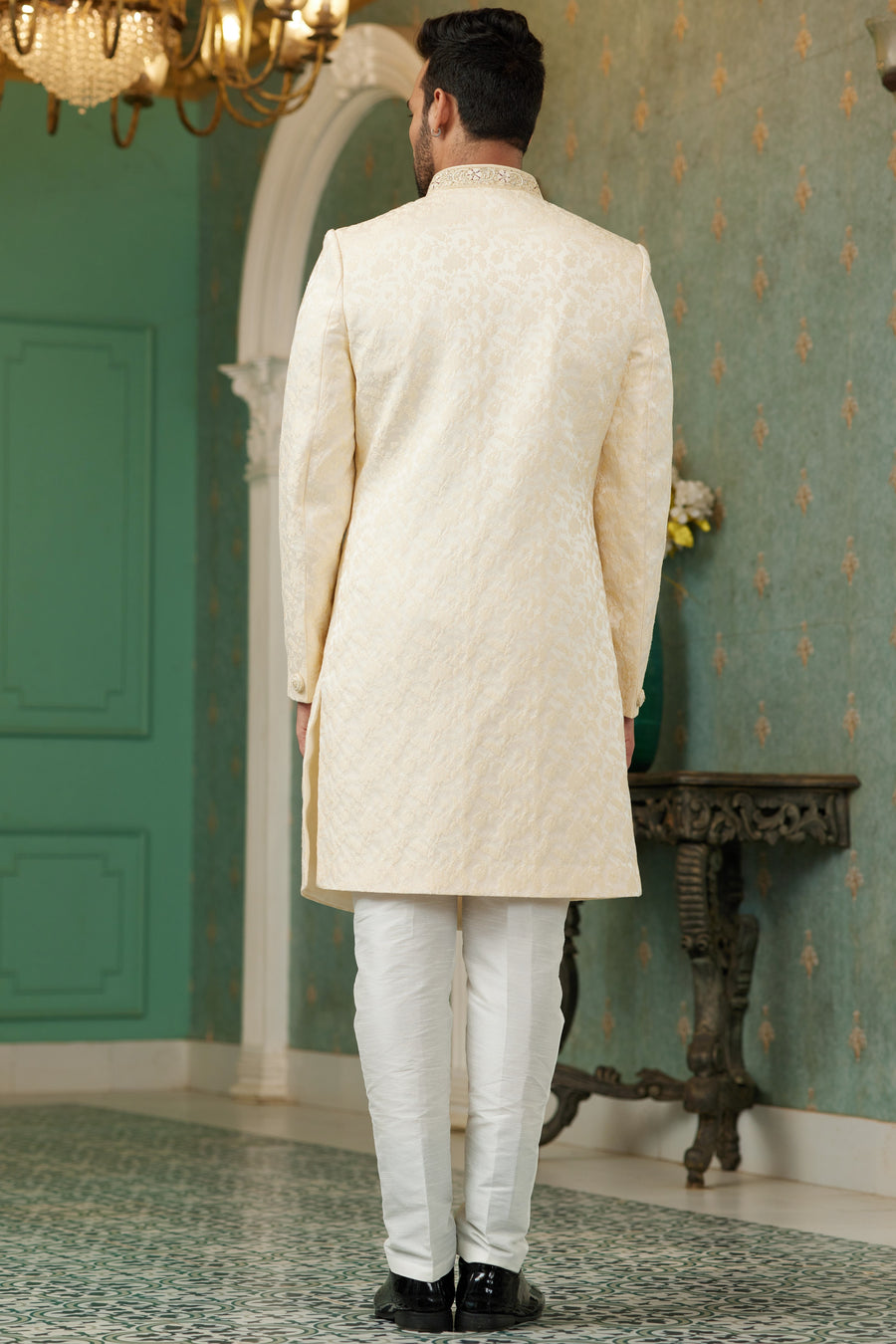 Cream Gold Jacquard Silk Wedding Suit Indowestern Long Kurta & Pant for Men - Hand Work