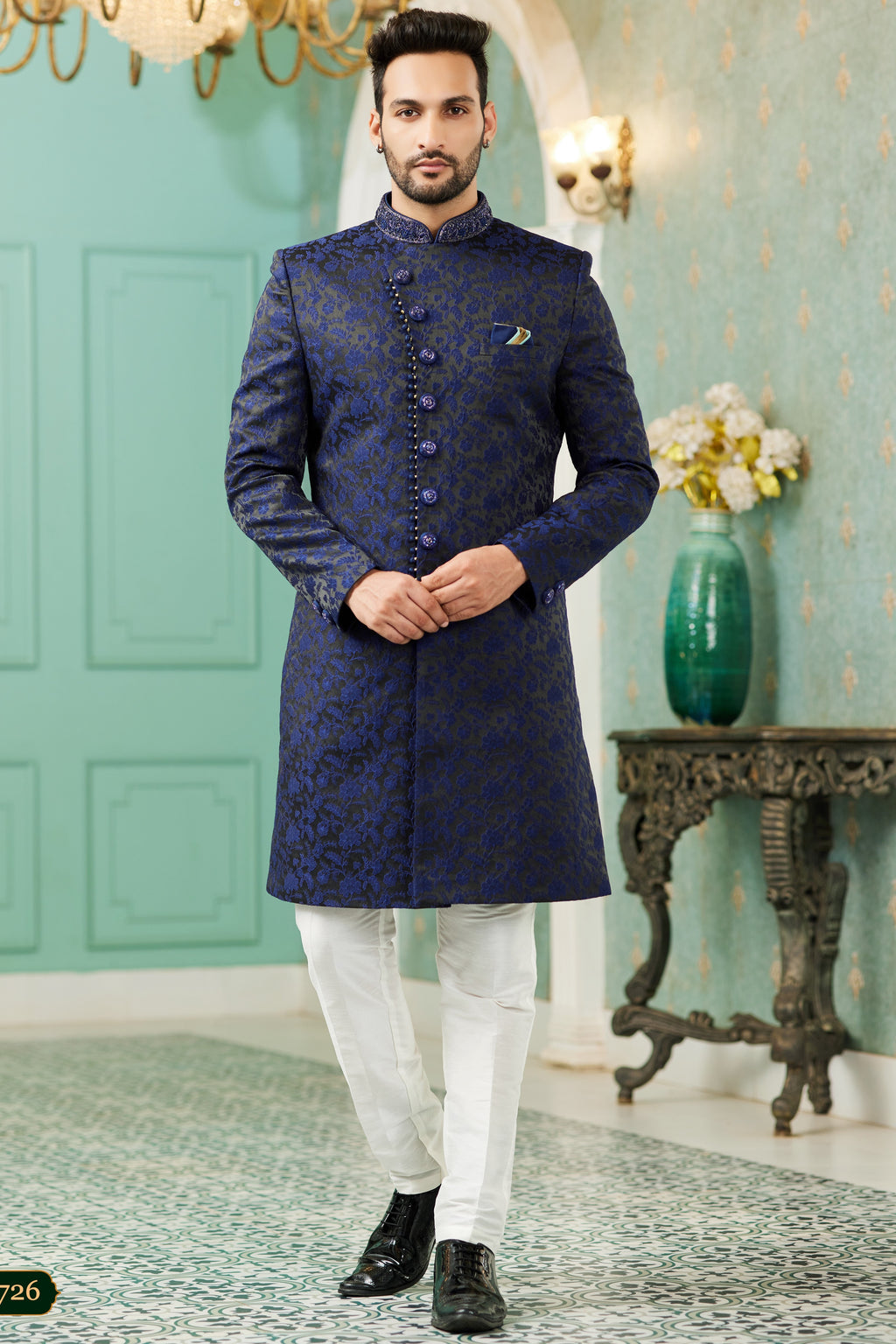 Blue Jacquard Silk Wedding Suit Indowestern Long Kurta & Pant for Men - Hand Work