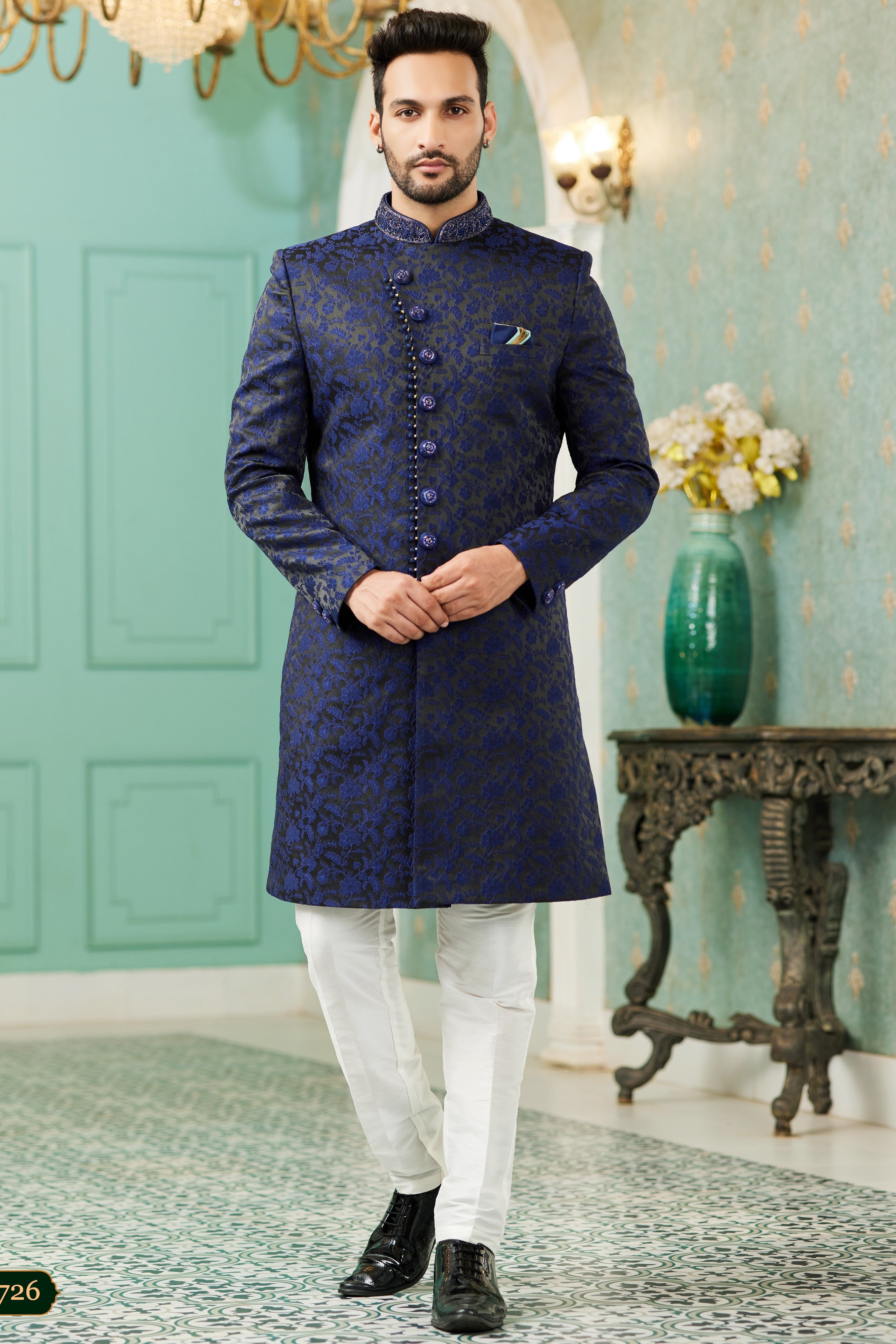 Blue Jacquard Silk Wedding Suit Indowestern Long Kurta & Pant for Men - Hand Work