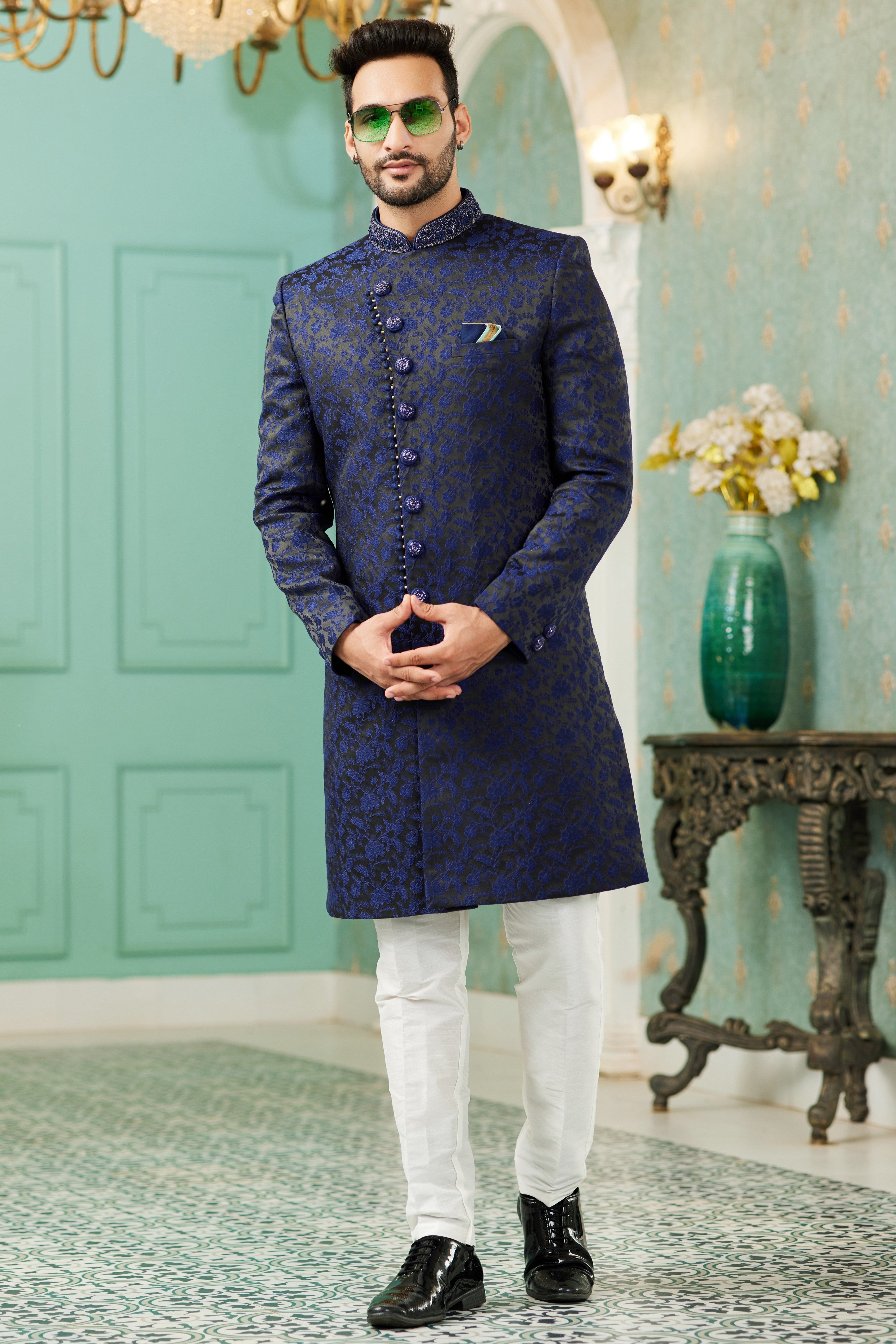Blue Jacquard Silk Wedding Suit Indowestern Long Kurta & Pant for Men - Hand Work