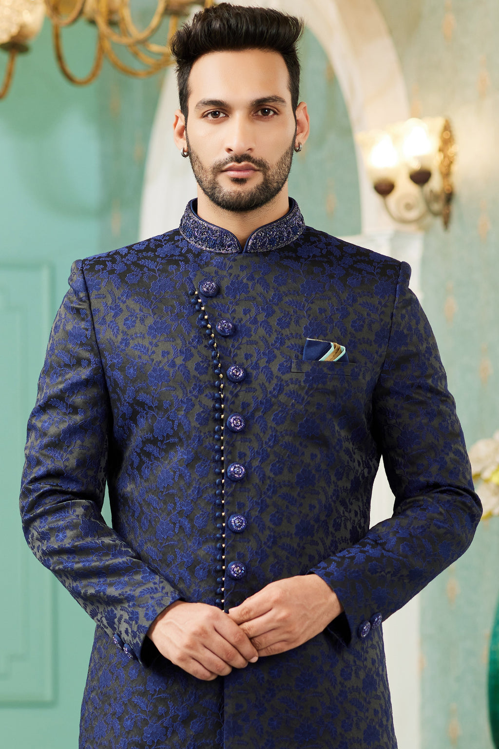 Blue Jacquard Silk Wedding Suit Indowestern Long Kurta & Pant for Men - Hand Work