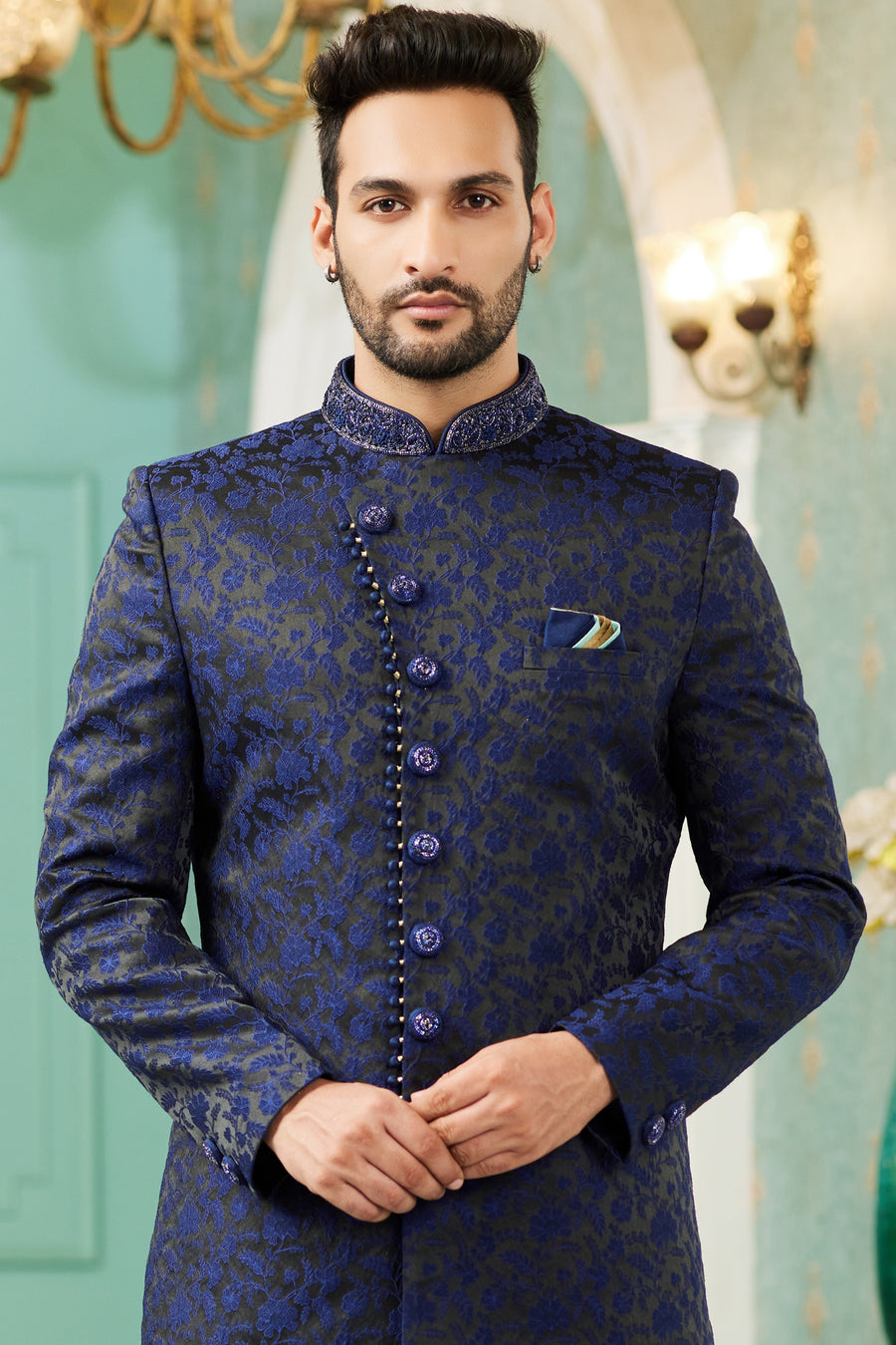Blue Jacquard Silk Wedding Suit Indowestern Long Kurta & Pant for Men - Hand Work