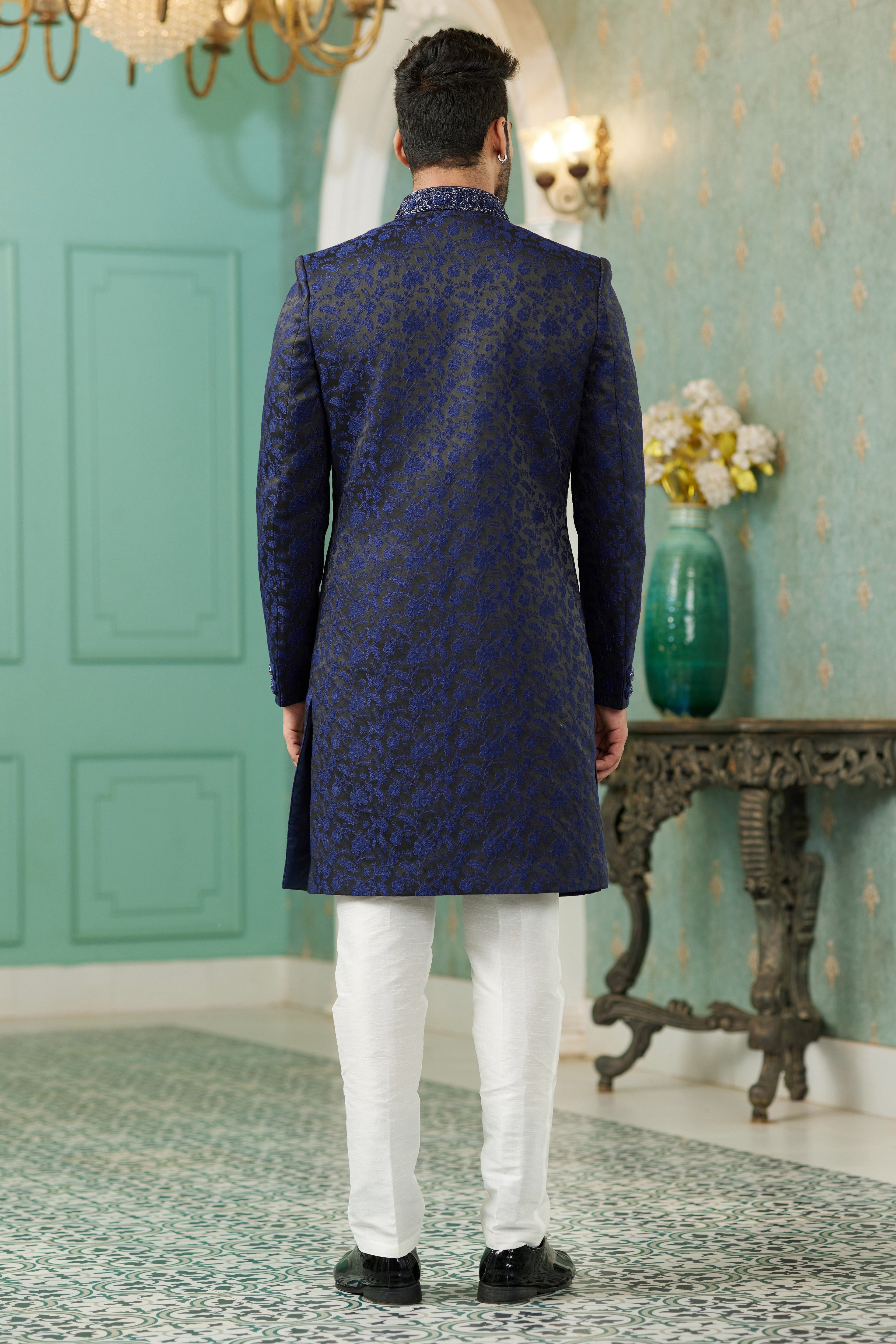 Blue Jacquard Silk Wedding Suit Indowestern Long Kurta & Pant for Men - Hand Work