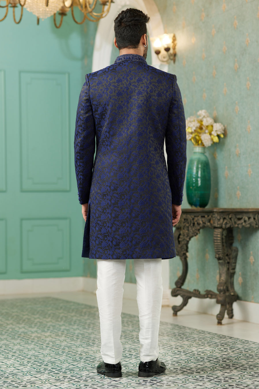 Blue Jacquard Silk Wedding Suit Indowestern Long Kurta & Pant for Men - Hand Work