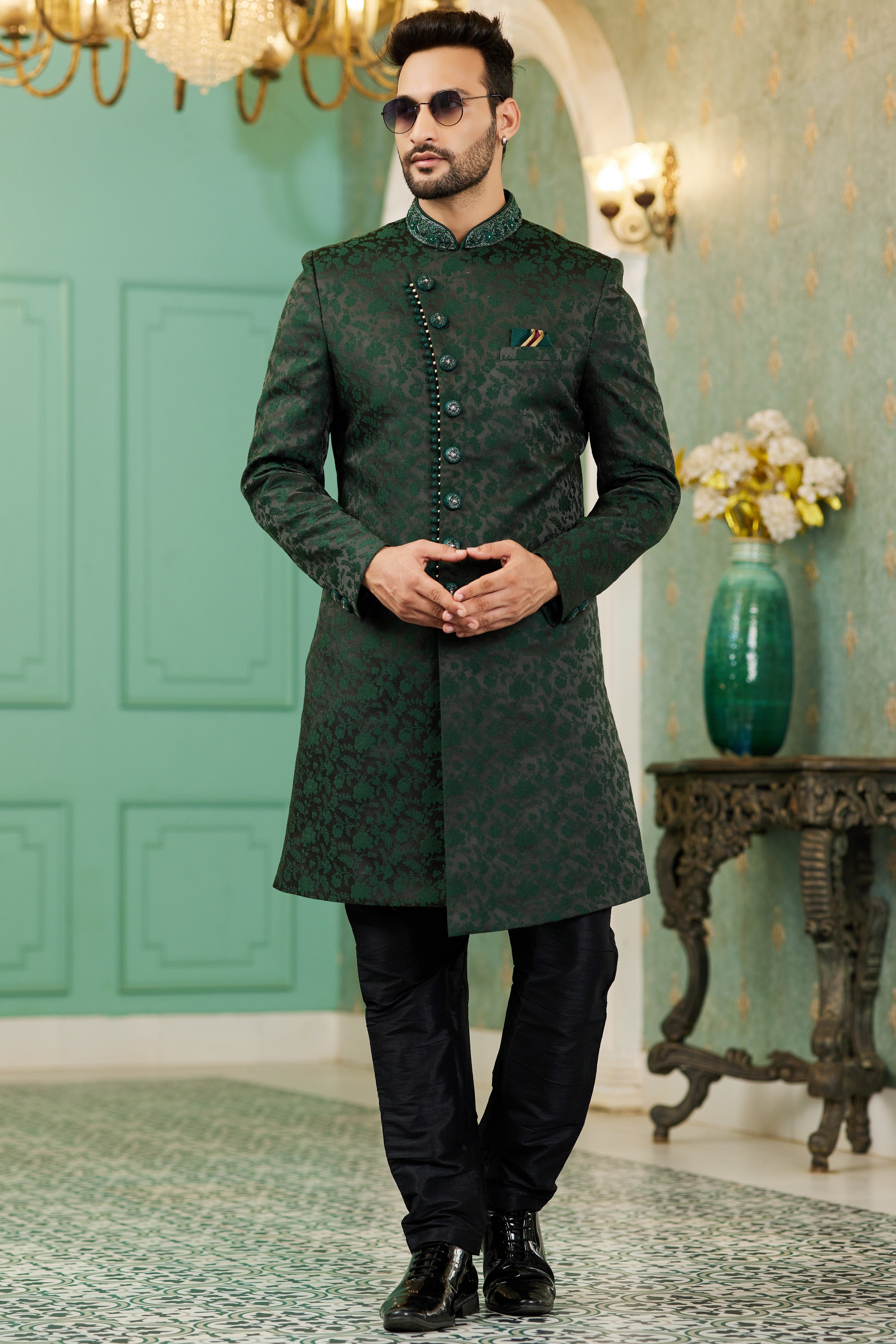 Green Jacquard Silk Wedding Suit Indowestern Long Kurta & Pant for Men - Hand Work