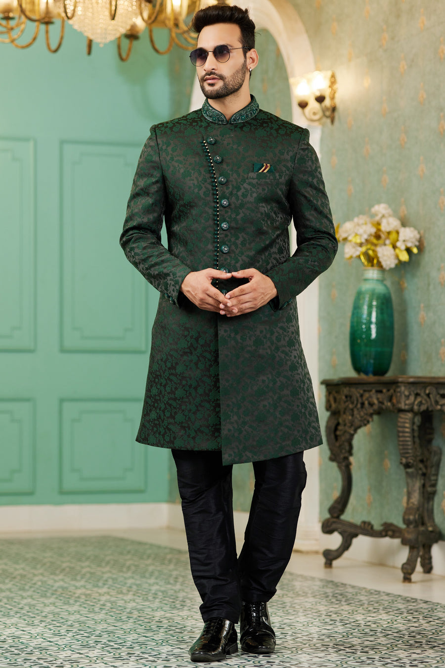 Green Jacquard Silk Wedding Suit Indowestern Long Kurta & Pant for Men - Hand Work
