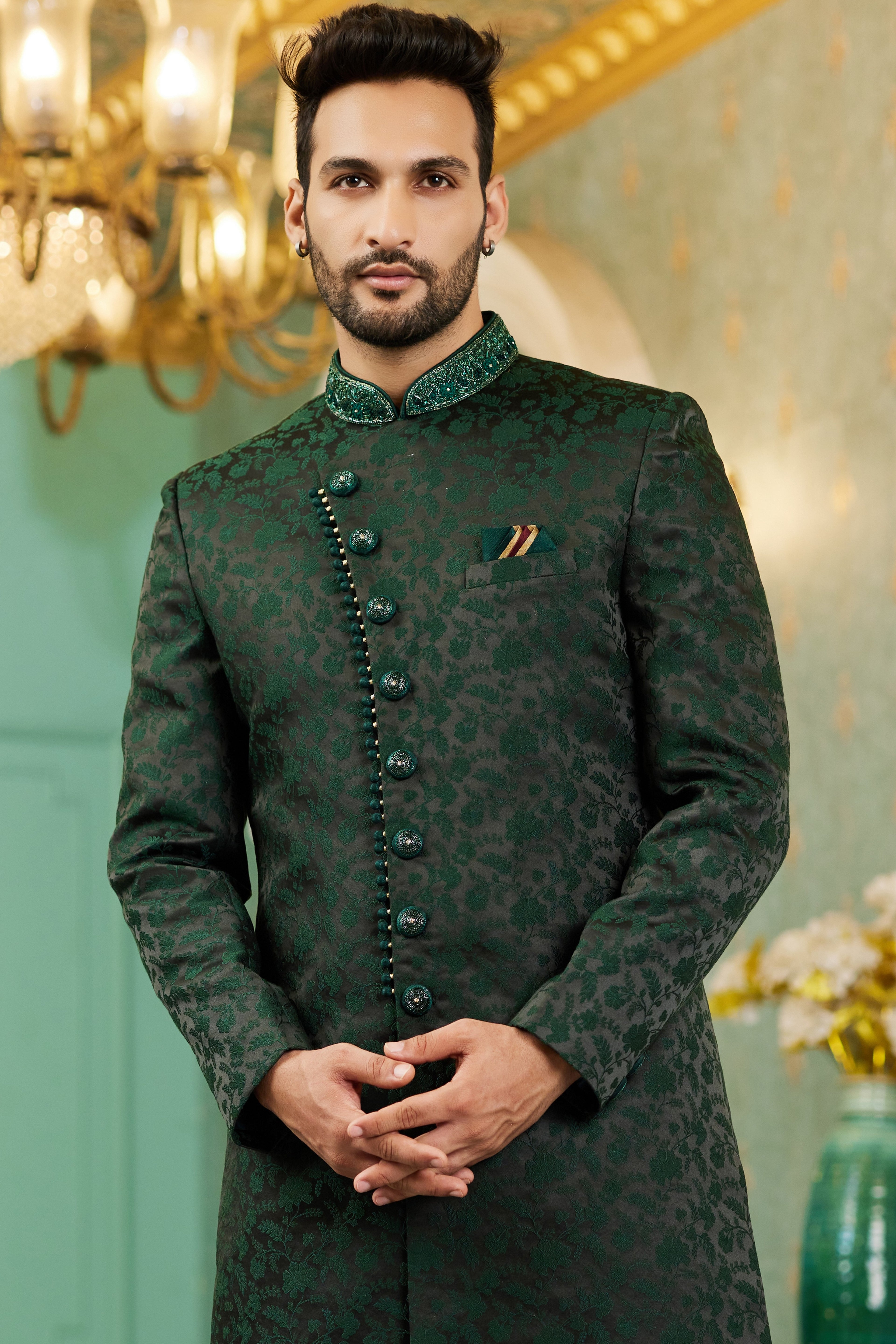 Green Jacquard Silk Wedding Suit Indowestern Long Kurta & Pant for Men - Hand Work