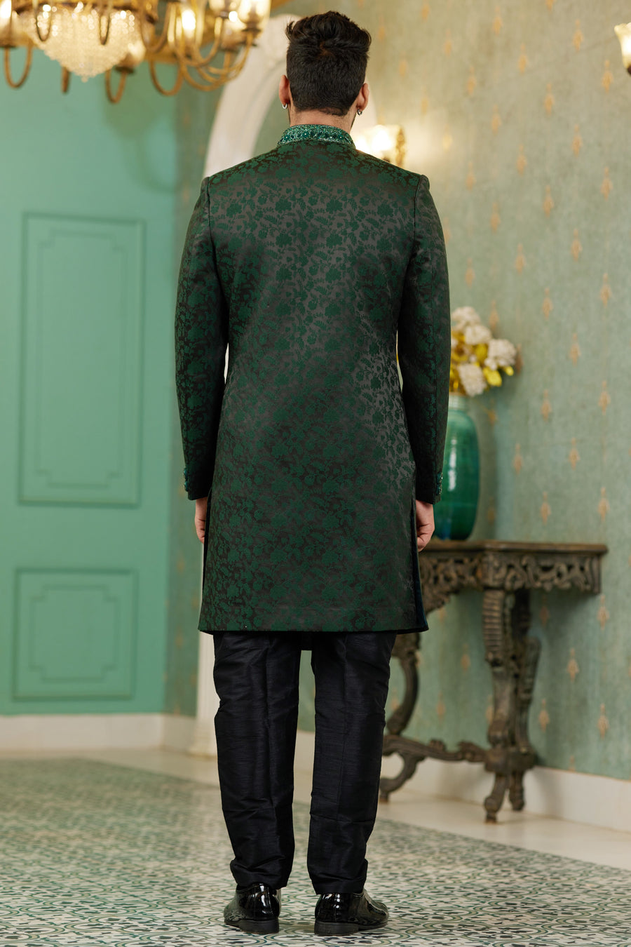Green Jacquard Silk Wedding Suit Indowestern Long Kurta & Pant for Men - Hand Work