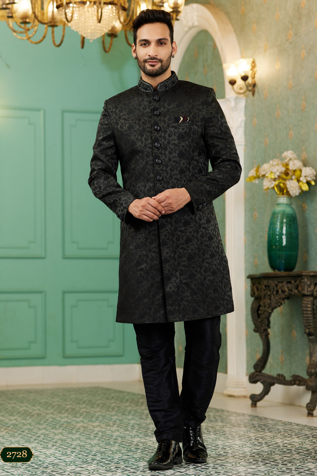 Black Jacquard Silk Wedding Suit Indowestern Long Kurta & Pant for Men - Hand Work