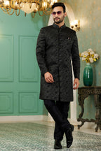 Black Jacquard Silk Wedding Suit Indowestern Long Kurta & Pant for Men - Hand Work