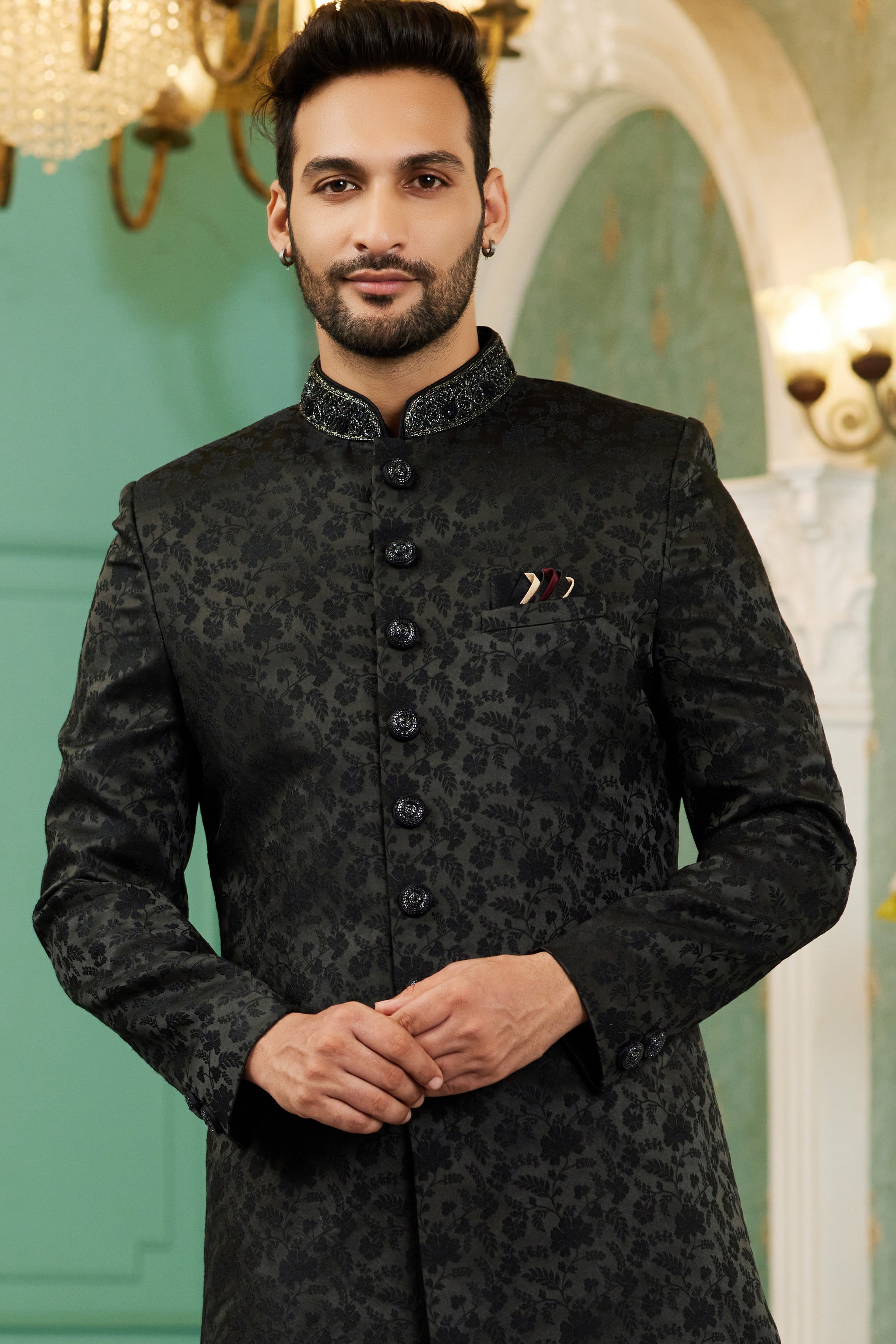 Black Jacquard Silk Wedding Suit Indowestern Long Kurta & Pant for Men - Hand Work