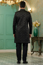 Black Jacquard Silk Wedding Suit Indowestern Long Kurta & Pant for Men - Hand Work