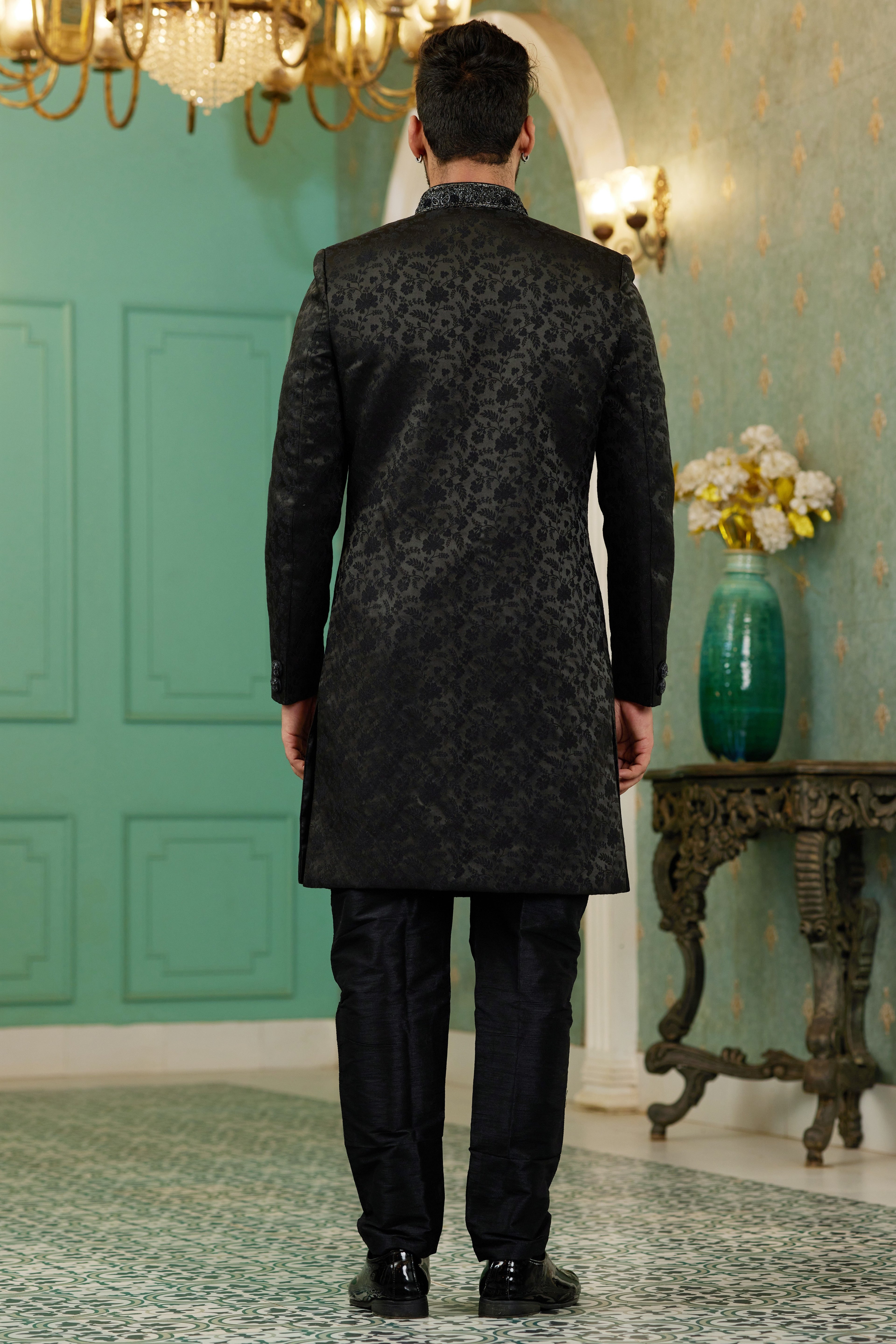 Black Jacquard Silk Wedding Suit Indowestern Long Kurta & Pant for Men - Hand Work