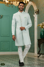Sky Blue Jacquard Silk Wedding Suit Indowestern Long Kurta & Pant for Men - Jacquard Work