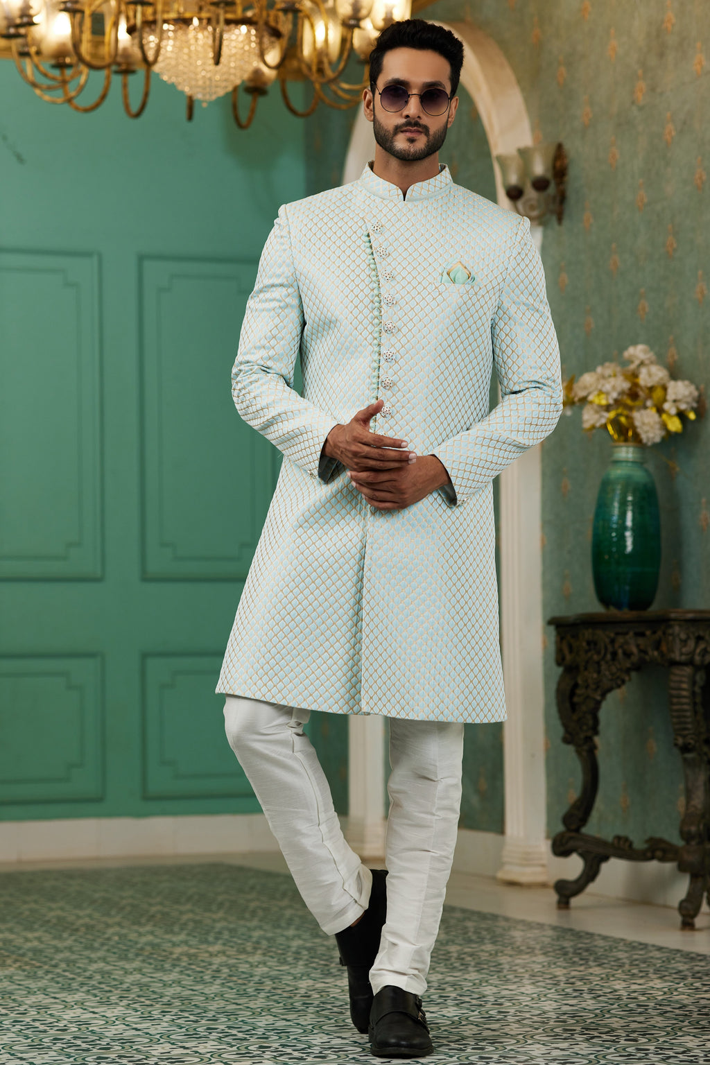 Sky Blue Jacquard Silk Wedding Suit Indowestern Long Kurta & Pant for Men - Jacquard Work