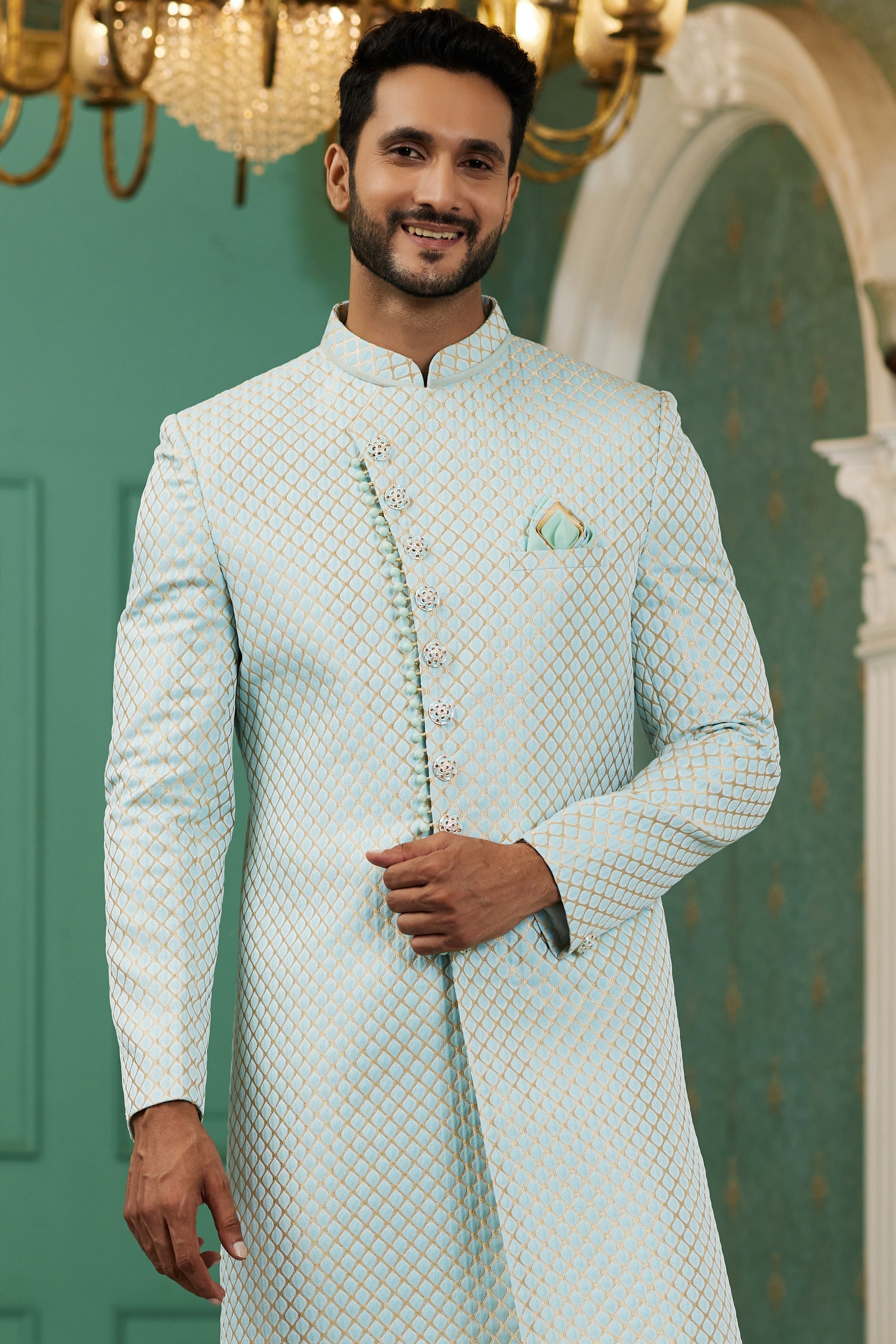Sky Blue Jacquard Silk Wedding Suit Indowestern Long Kurta & Pant for Men - Jacquard Work