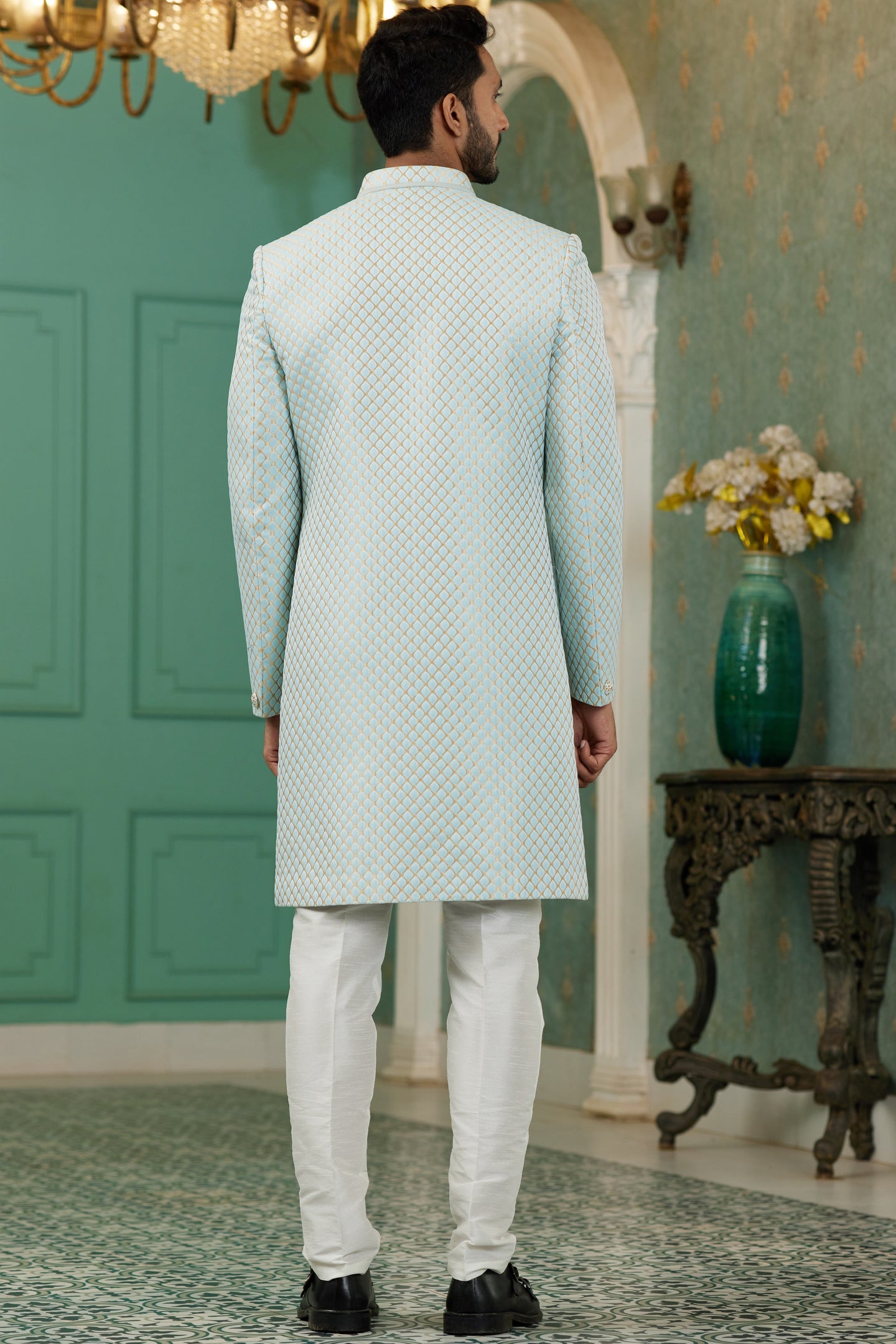 Sky Blue Jacquard Silk Wedding Suit Indowestern Long Kurta & Pant for Men - Jacquard Work
