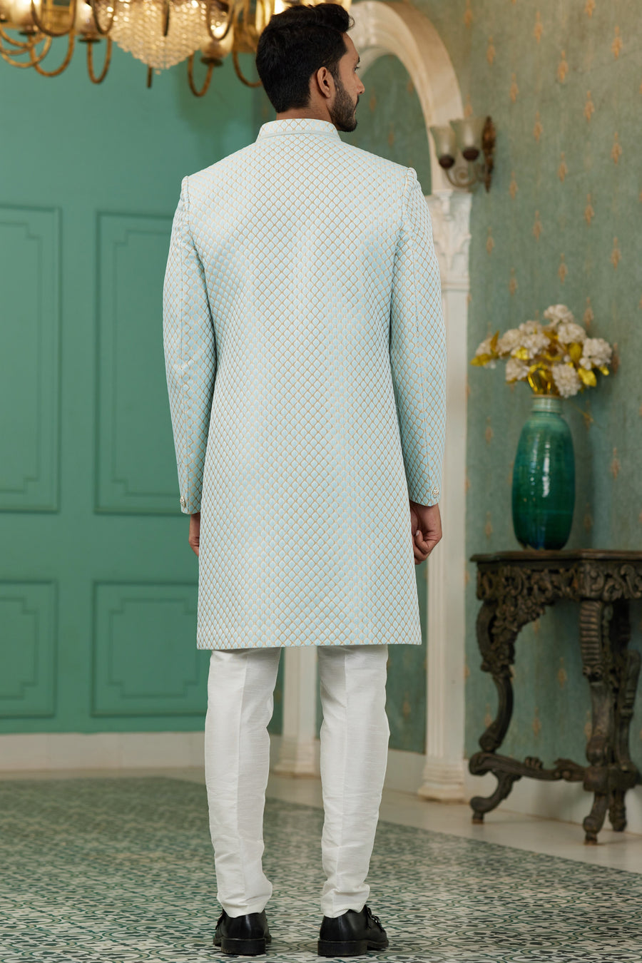 Sky Blue Jacquard Silk Wedding Suit Indowestern Long Kurta & Pant for Men - Jacquard Work