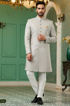 Gray Jacquard Silk Wedding Suit Indowestern Long Kurta & Pant for Men - Jacquard Work