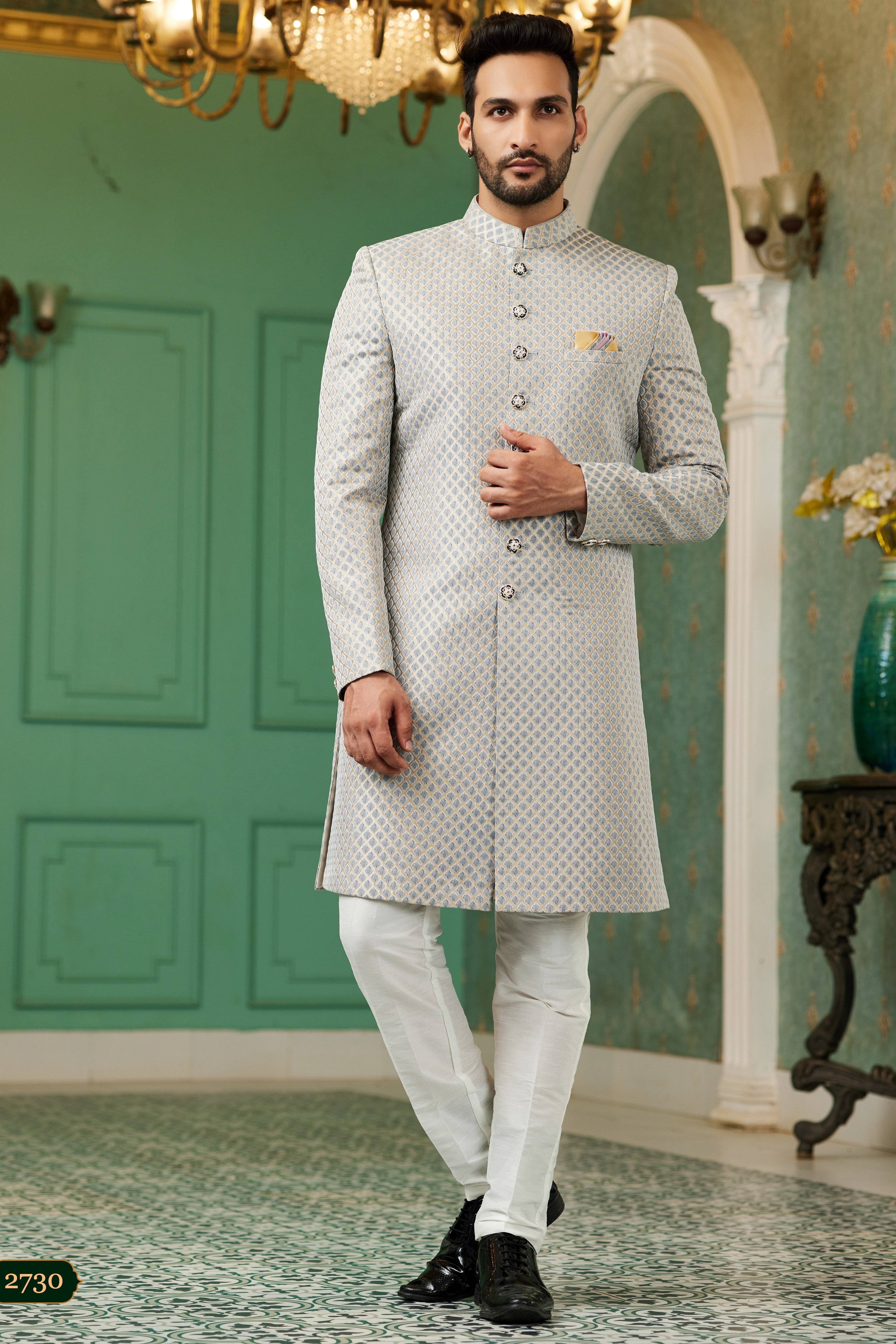 Gray Jacquard Silk Wedding Suit Indowestern Long Kurta & Pant for Men - Jacquard Work