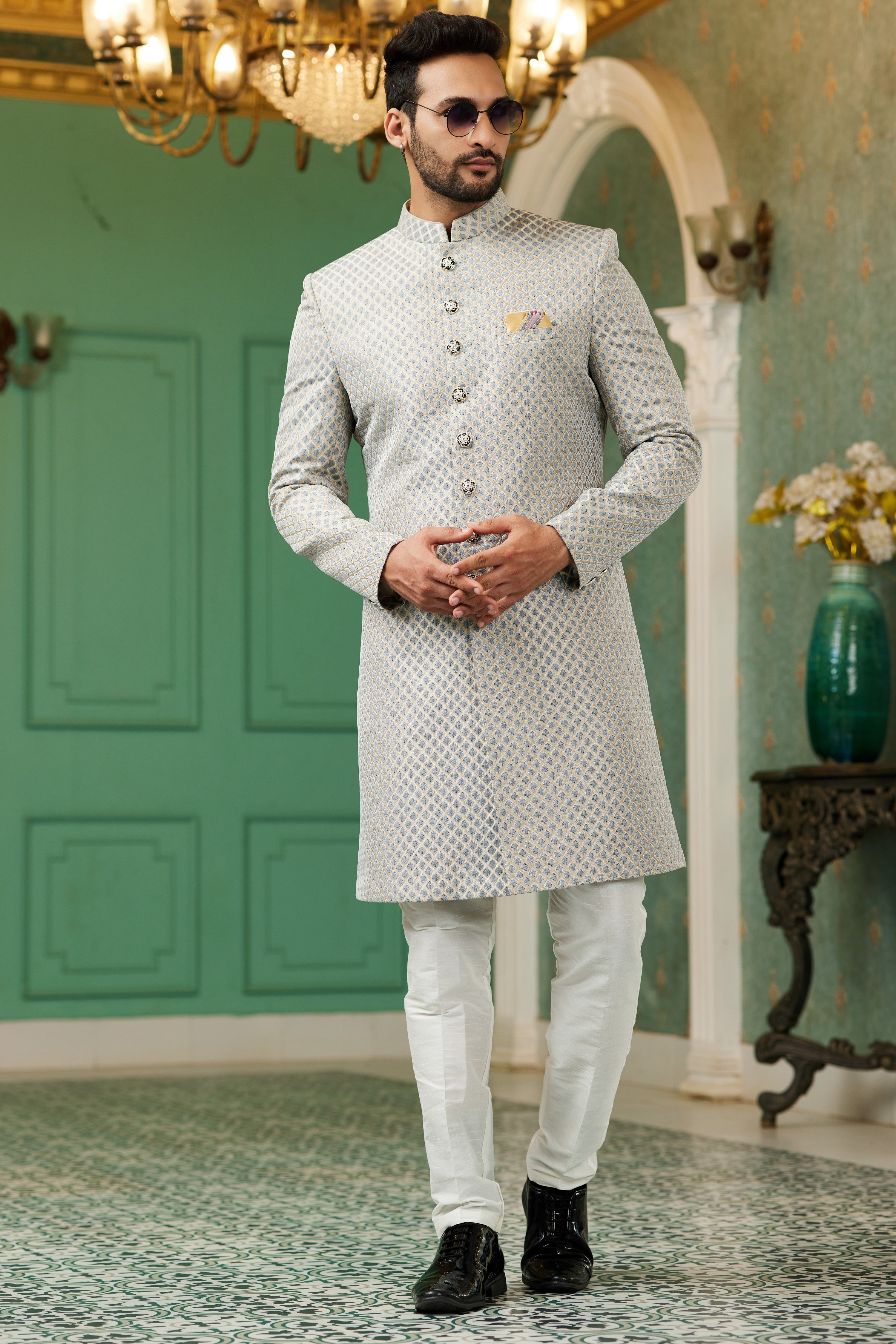Gray Jacquard Silk Wedding Suit Indowestern Long Kurta & Pant for Men - Jacquard Work