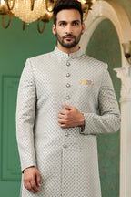 Gray Jacquard Silk Wedding Suit Indowestern Long Kurta & Pant for Men - Jacquard Work