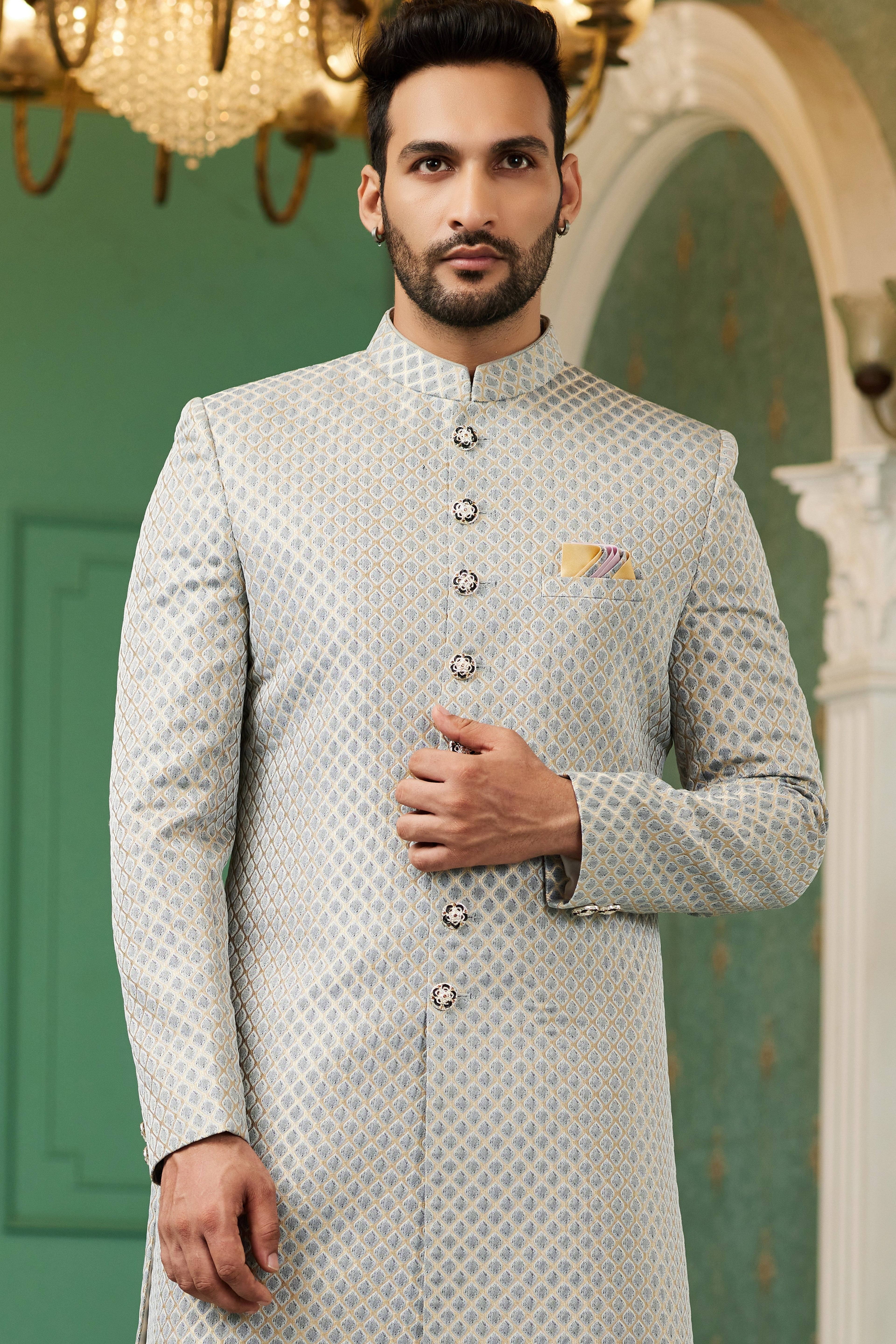 Gray Jacquard Silk Wedding Suit Indowestern Long Kurta & Pant for Men - Jacquard Work