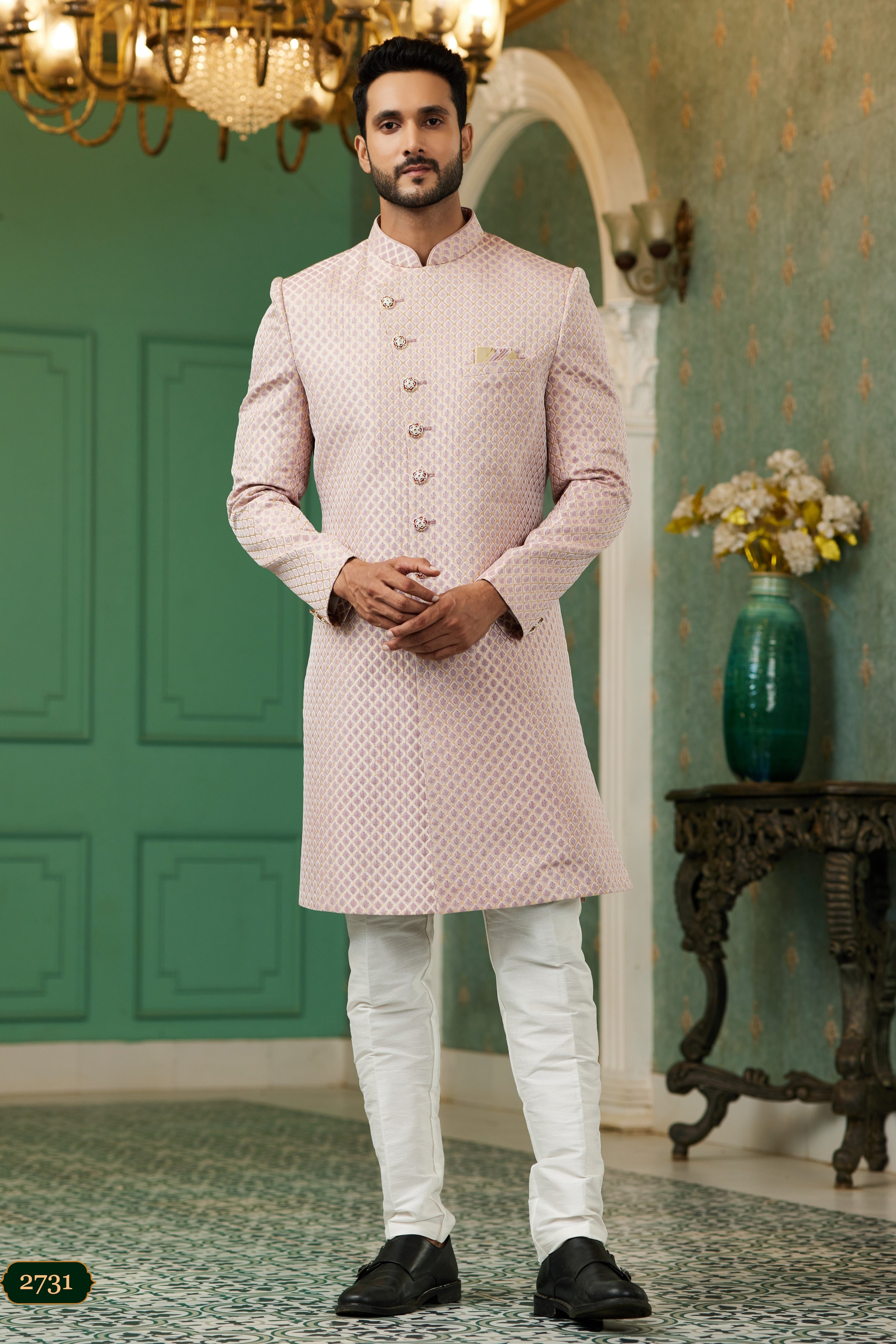 Pink Jacquard Silk Wedding Suit Indowestern Long Kurta & Pant for Men - Jacquard Work