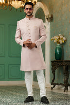 Pink Jacquard Silk Wedding Suit Indowestern Long Kurta & Pant for Men - Jacquard Work