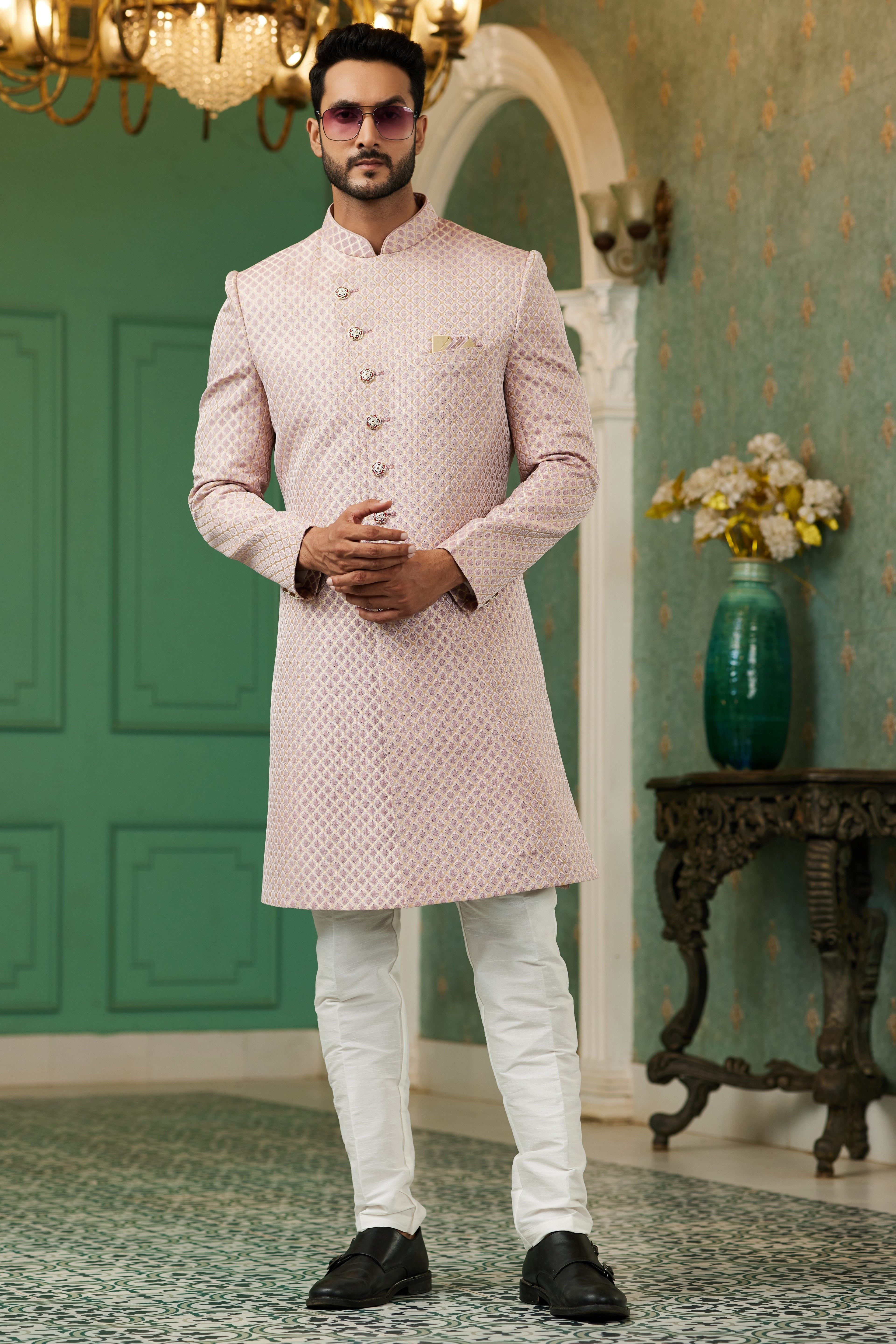 Pink Jacquard Silk Wedding Suit Indowestern Long Kurta & Pant for Men - Jacquard Work
