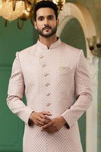 Pink Jacquard Silk Wedding Suit Indowestern Long Kurta & Pant for Men - Jacquard Work