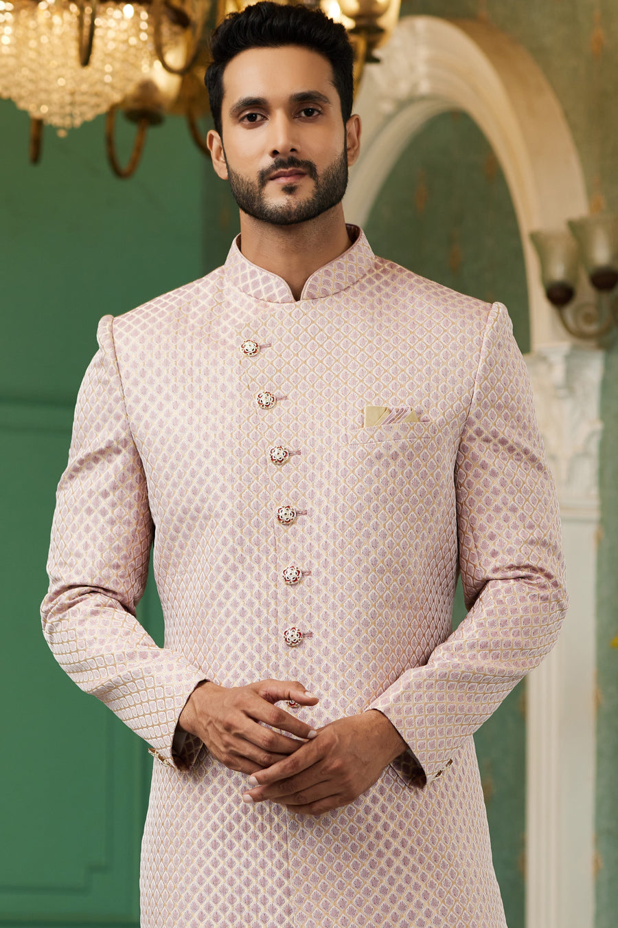 Pink Jacquard Silk Wedding Suit Indowestern Long Kurta & Pant for Men - Jacquard Work