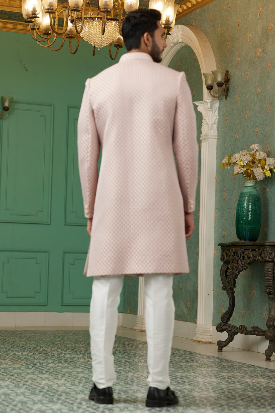 Pink Jacquard Silk Wedding Suit Indowestern Long Kurta & Pant for Men - Jacquard Work