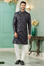 Black Jacquard Silk Wedding Suit Indowestern Long Kurta & Pant for Men - Jacquard Work