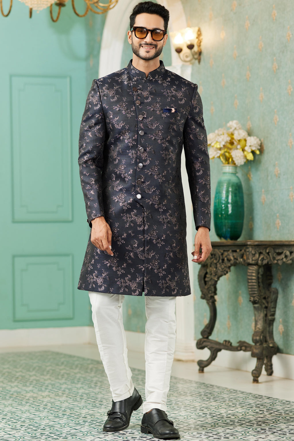 Black Jacquard Silk Wedding Suit Indowestern Long Kurta & Pant for Men - Jacquard Work