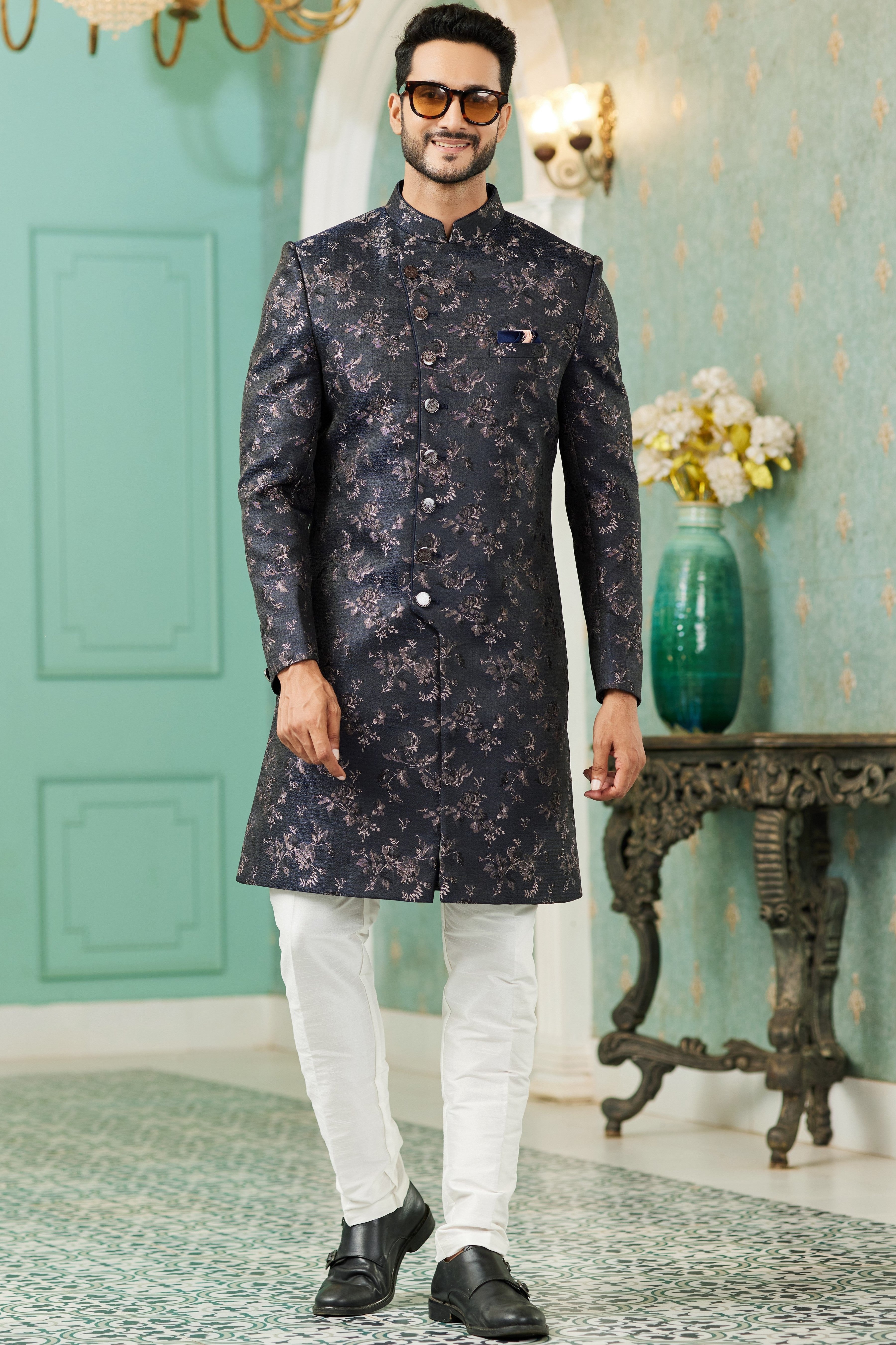 Black Jacquard Silk Wedding Suit Indowestern Long Kurta & Pant for Men - Jacquard Work