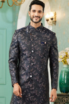 Black Jacquard Silk Wedding Suit Indowestern Long Kurta & Pant for Men - Jacquard Work