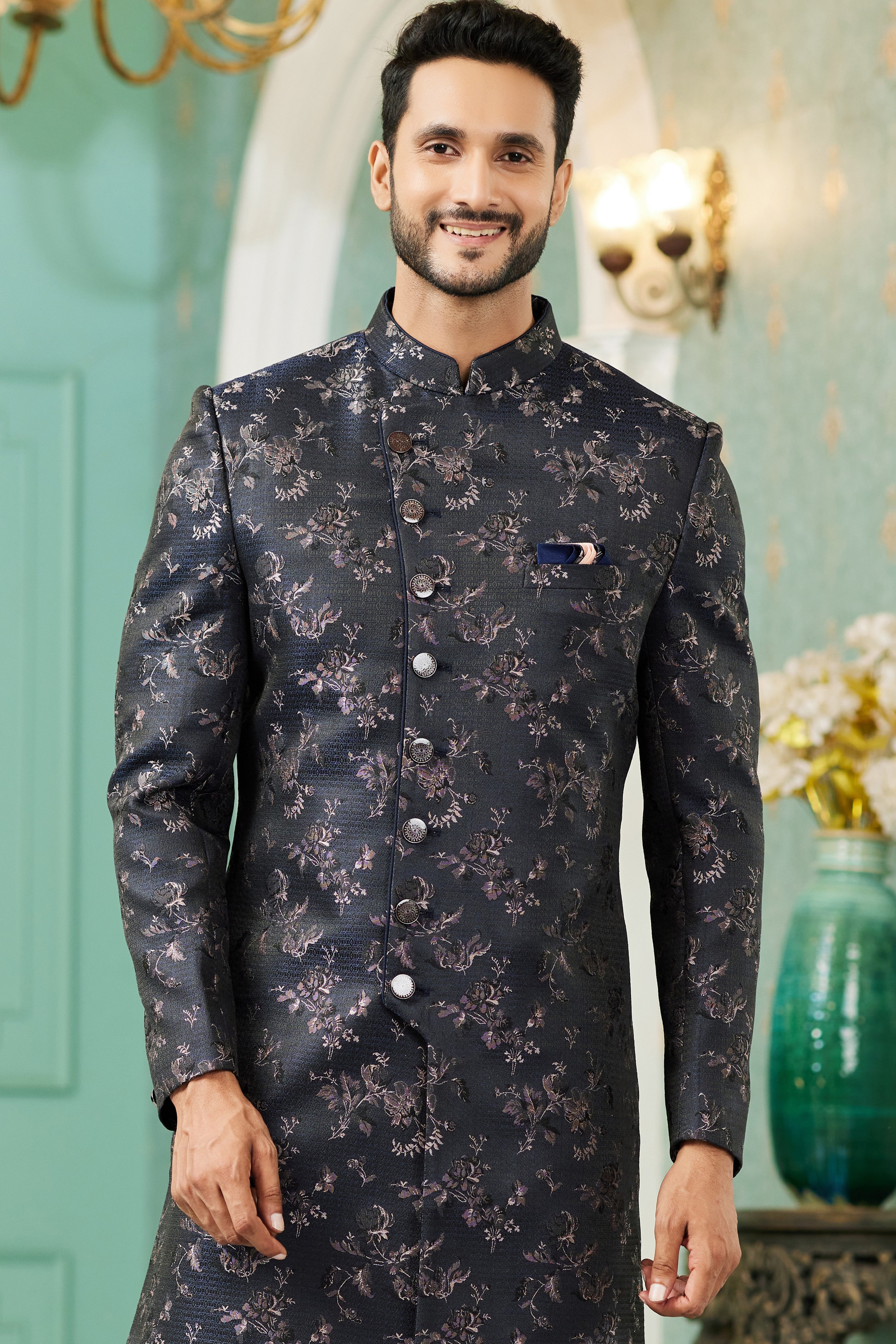 Black Jacquard Silk Wedding Suit Indowestern Long Kurta & Pant for Men - Jacquard Work