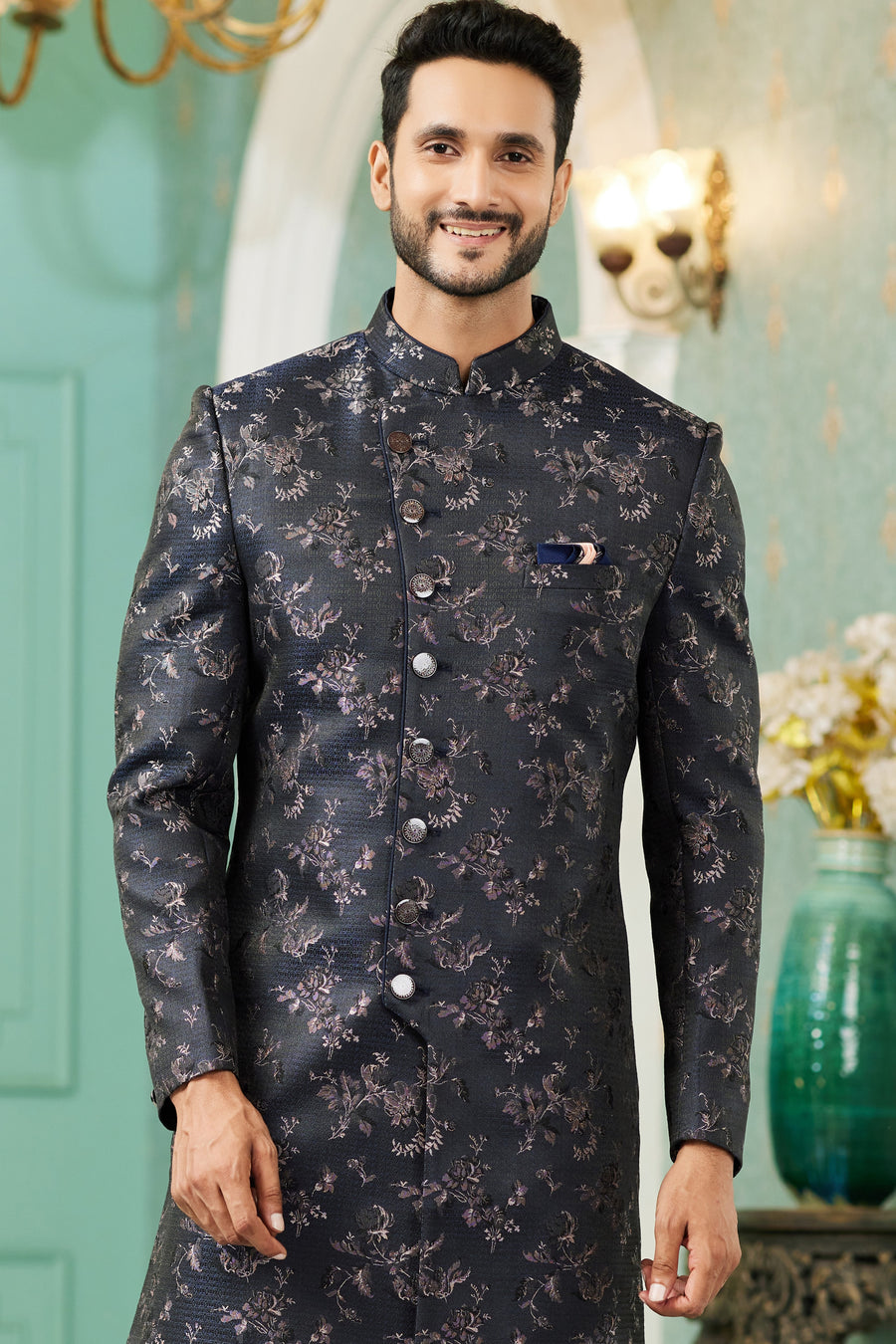 Black Jacquard Silk Wedding Suit Indowestern Long Kurta & Pant for Men - Jacquard Work
