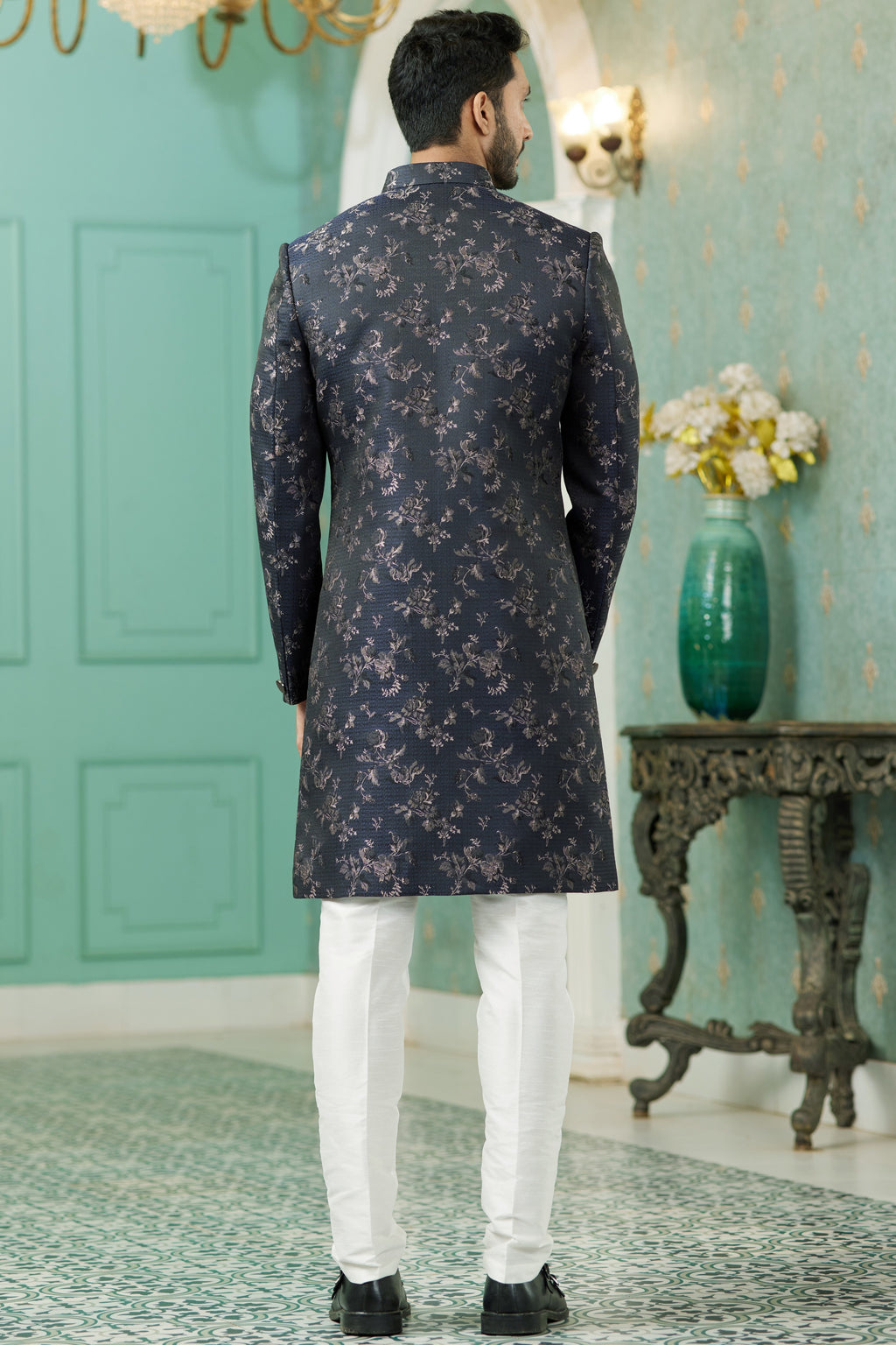 Black Jacquard Silk Wedding Suit Indowestern Long Kurta & Pant for Men - Jacquard Work
