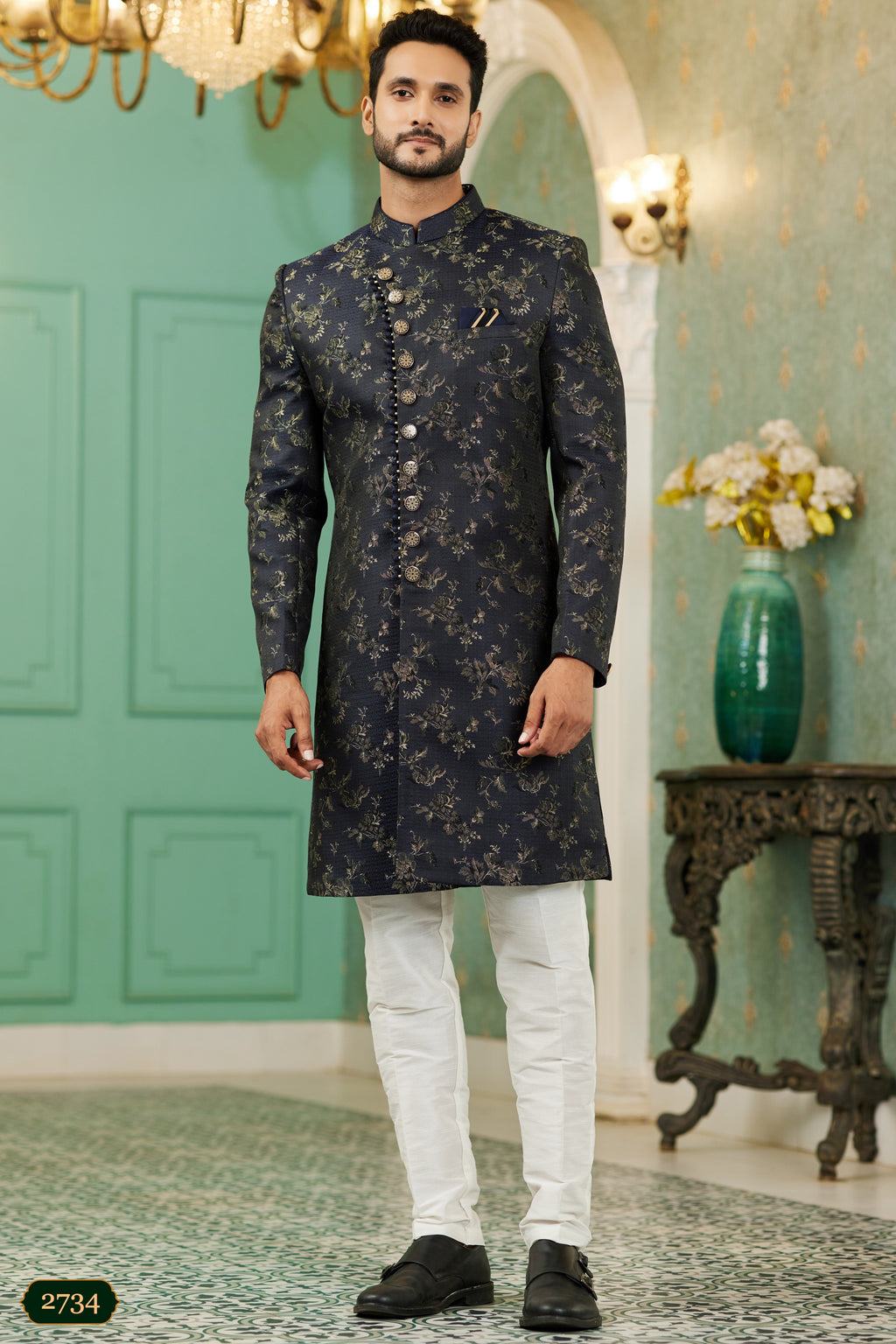 Black Jacquard Silk Wedding Suit Indowestern Long Kurta & Pant for Man - Jacquard Work