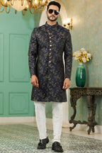 Black Jacquard Silk Wedding Suit Indowestern Long Kurta & Pant for Man - Jacquard Work