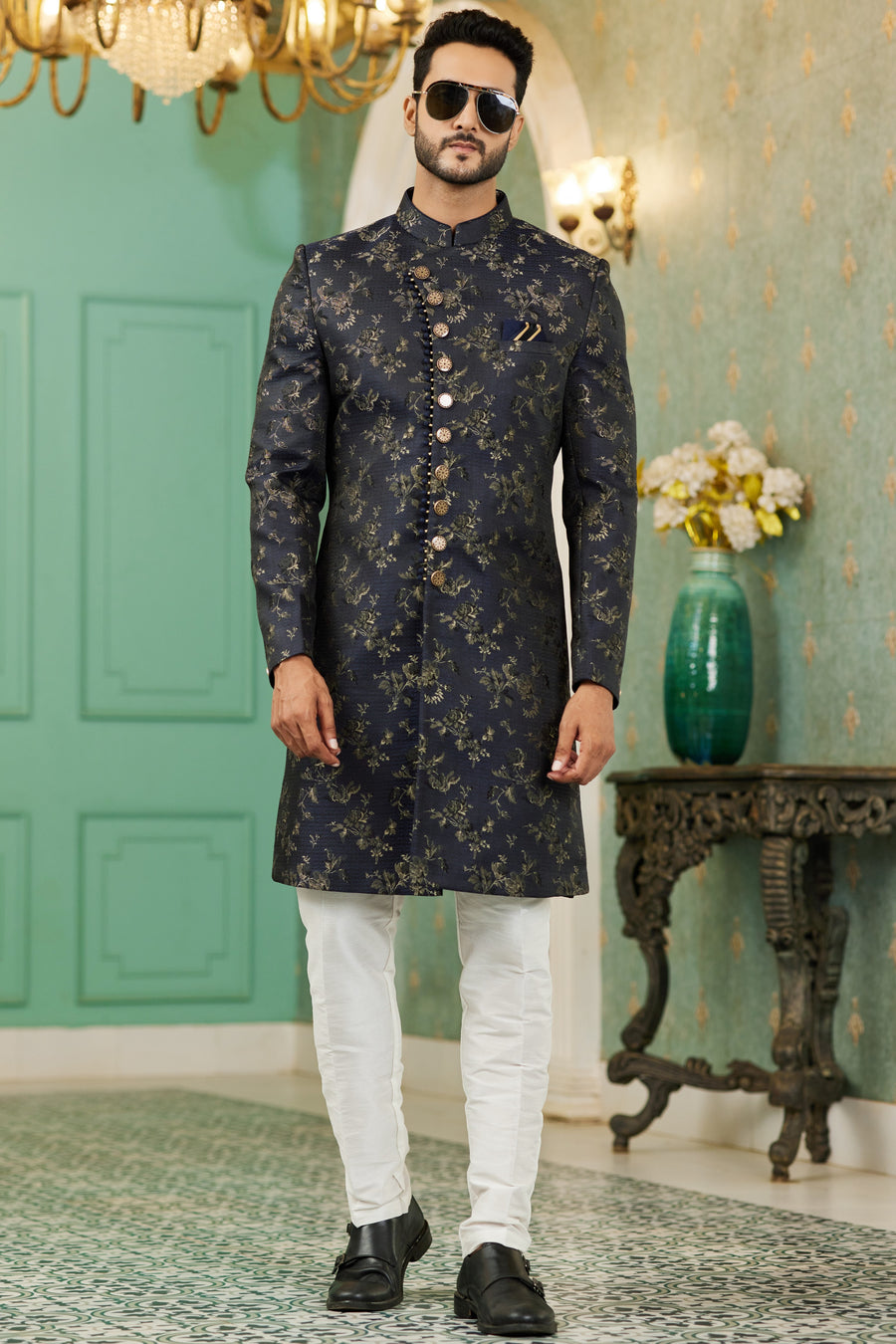 Black Jacquard Silk Wedding Suit Indowestern Long Kurta & Pant for Man - Jacquard Work