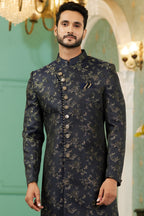 Black Jacquard Silk Wedding Suit Indowestern Long Kurta & Pant for Man - Jacquard Work