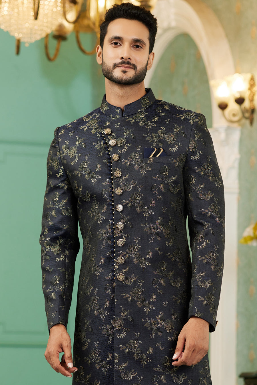Black Jacquard Silk Wedding Suit Indowestern Long Kurta & Pant for Man - Jacquard Work