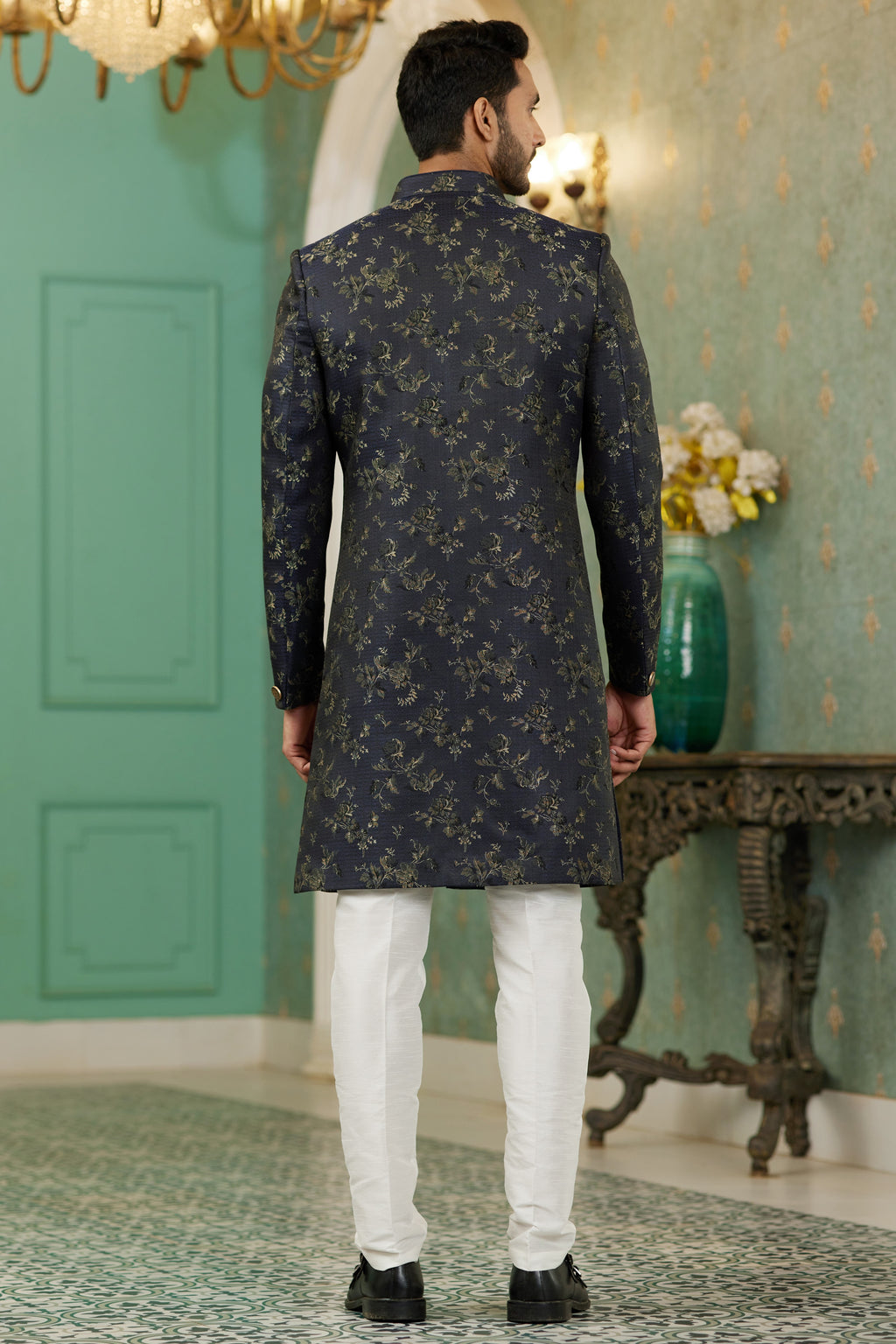 Black Jacquard Silk Wedding Suit Indowestern Long Kurta & Pant for Man - Jacquard Work