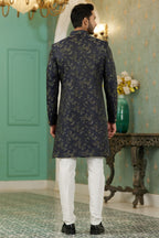 Black Jacquard Silk Wedding Suit Indowestern Long Kurta & Pant for Man - Jacquard Work