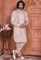 Peach Art Silk Indo Western Traditional Sherwani Kurta with Jacket & Pant for Men for Wedding - Thread Embroidery Work