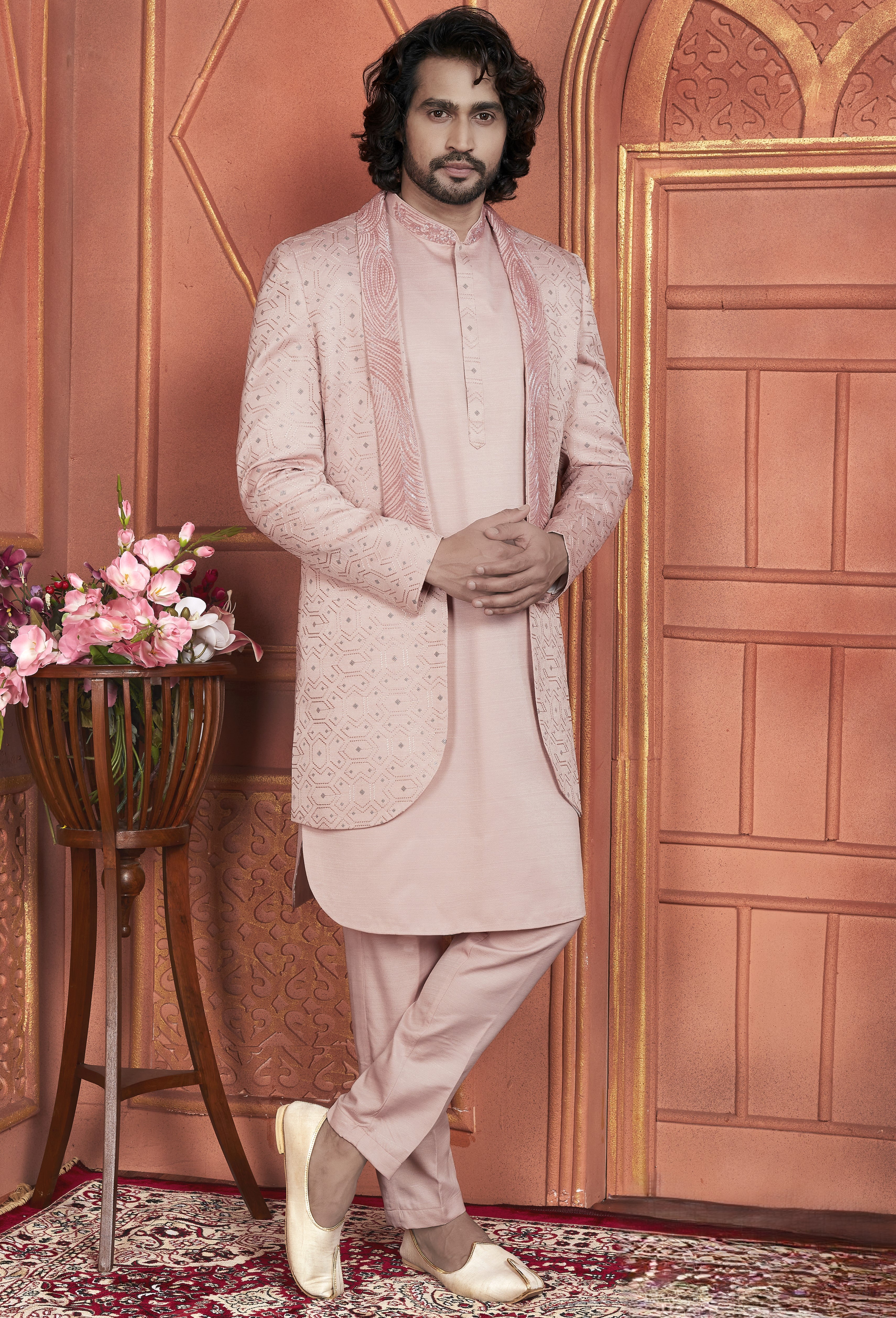 Peach Art Silk Indo Western Traditional Sherwani Kurta with Jacket & Pant for Men for Wedding - Thread Embroidery Work