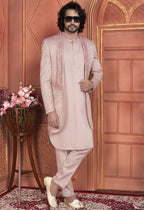 Peach Art Silk Indo Western Traditional Sherwani Kurta with Jacket & Pant for Men for Wedding - Thread Embroidery Work